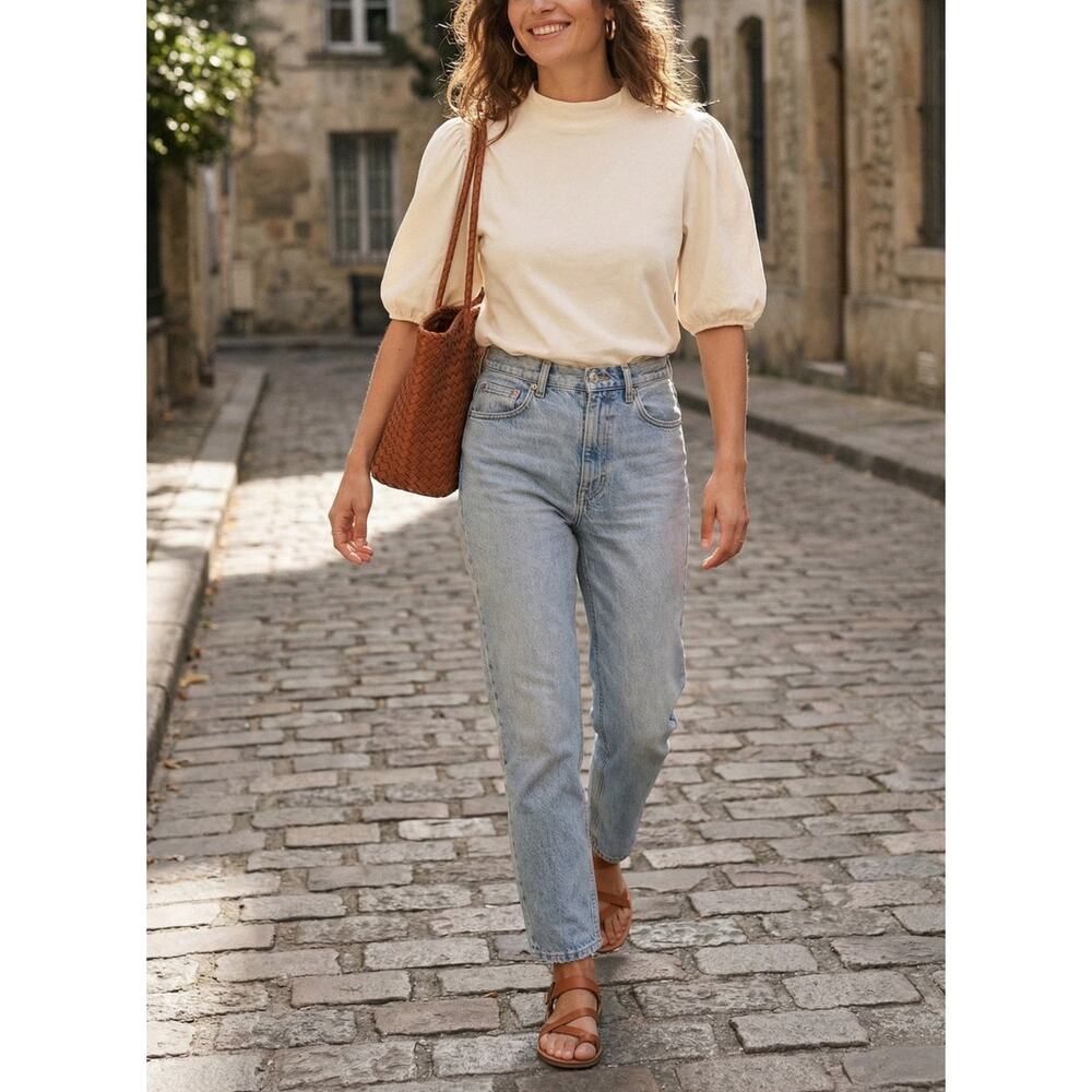 Citizens of Humanity Mock Neck Puff Sleeve Top Cream Sz Large